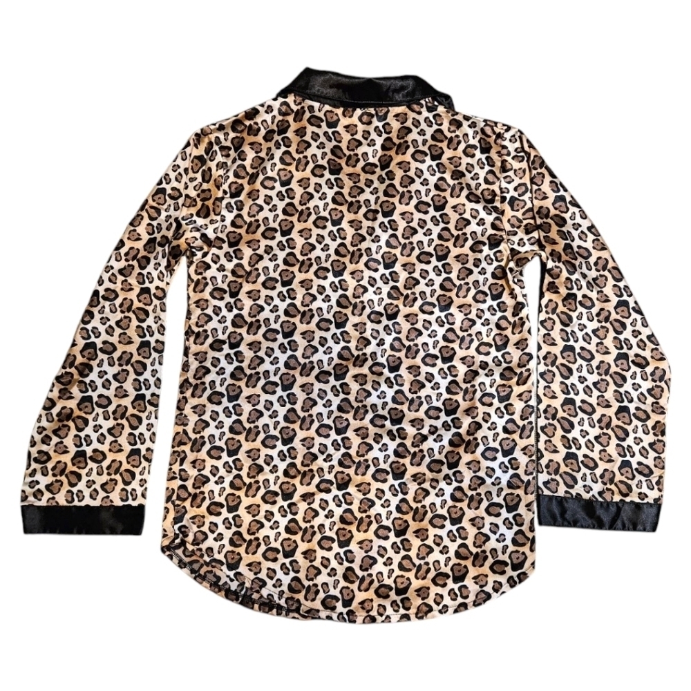 Wmns Satin Leopard Print Pajama Set Sz S Cheetah Shorts & Long Sleeve Button Up - Picture 5 of 13